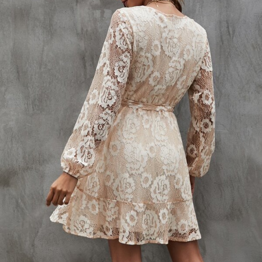 Boho Cream Floral Print Lace Surplice Ruffle Mini Dress Cottagecore - Picture 3 of 5